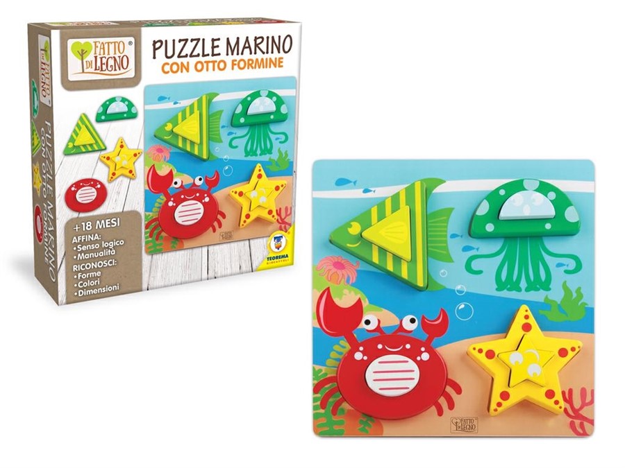 FATTO DI LEGNO-PUZZLE ANIMALI MARINI CON 8 FORMINE